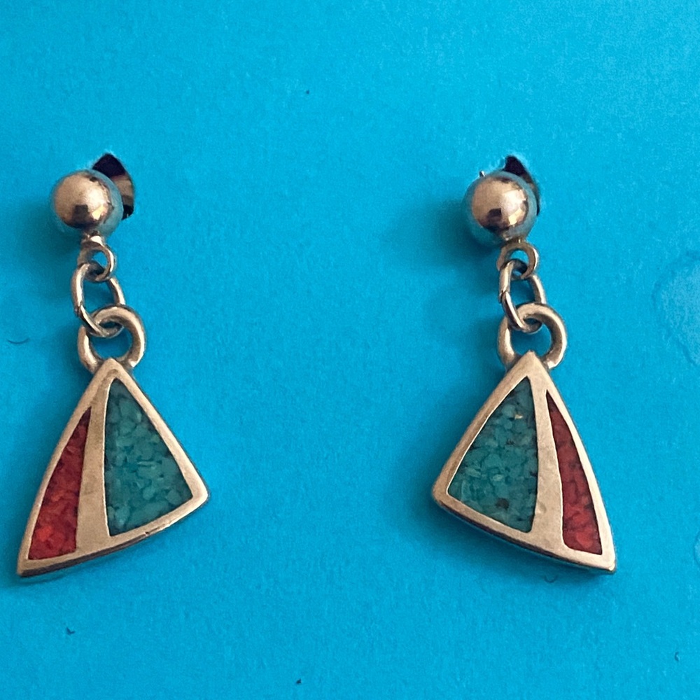 Vintage COP Sterling Silver Turquoise & Coral Triangle Earrings